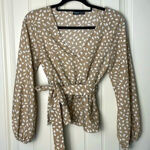 Beige White Peplum Top, Size S, Women's Blouse with Tie Long Sleeve Lightweight